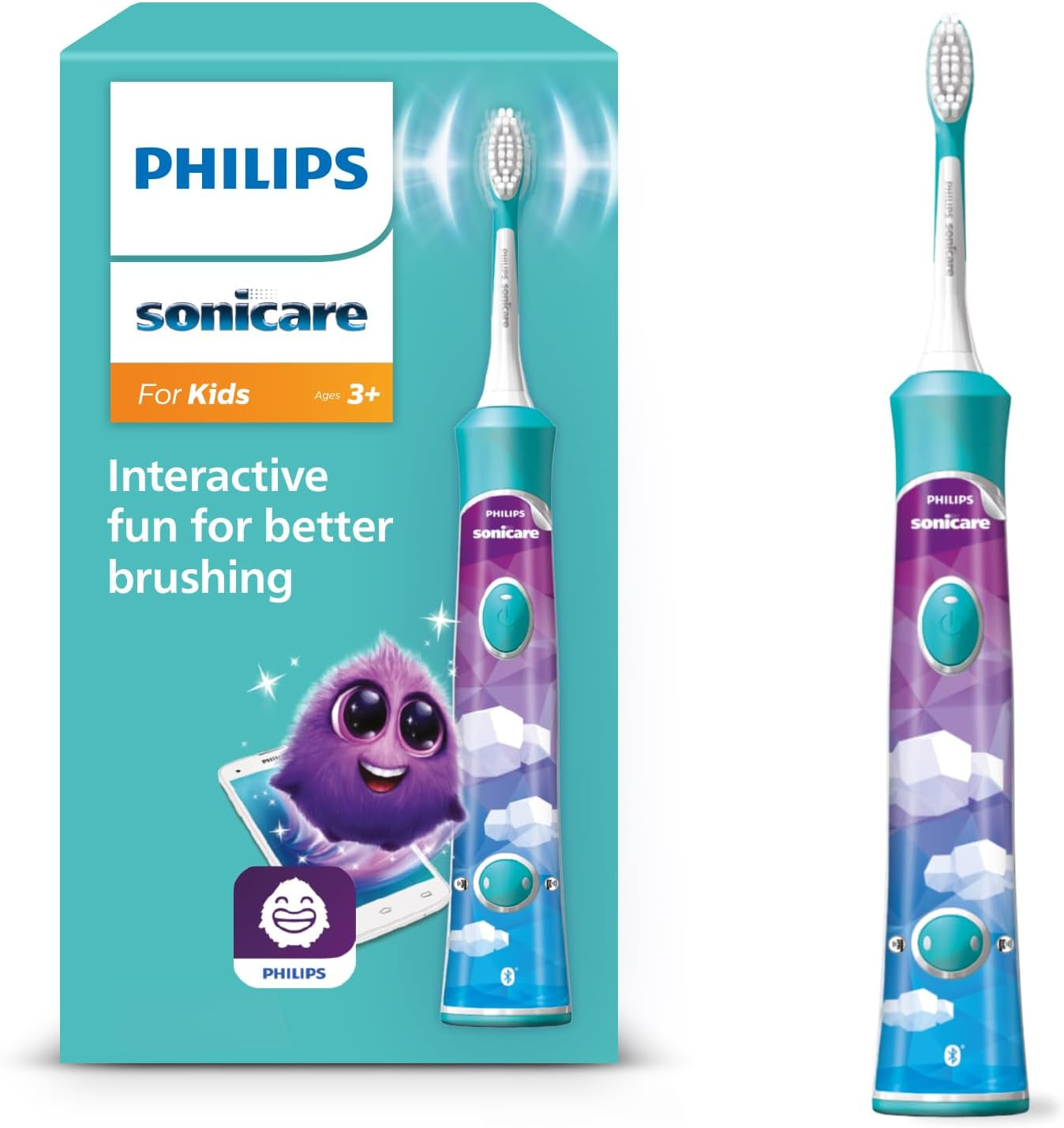 Sonicare for Kids, Brosse À Dents Électrique Sonique Avec Application, Pour Enfant À Partir De 3 Ans, Avec Smartimer Et Quadpacer Pour Un Nettoyage En Profondeur, Turquoise, Modèle HX6322/04