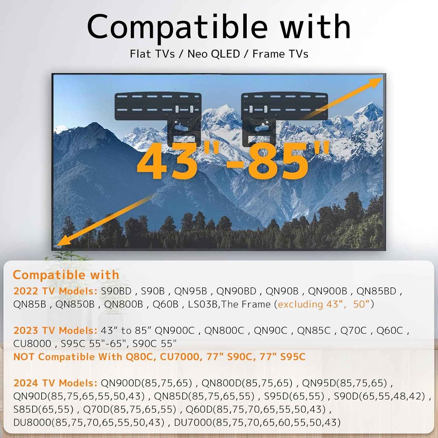 Support Mural Fixe Pour 2021 Samsung TV, Micro Gap Support Mural TV Pour Téléviseurs 43-85 Pouces Neo QLED, QLED and Crystal UHD Avec Capacité Max De 60Kg VESA Max De 1700X800Mm