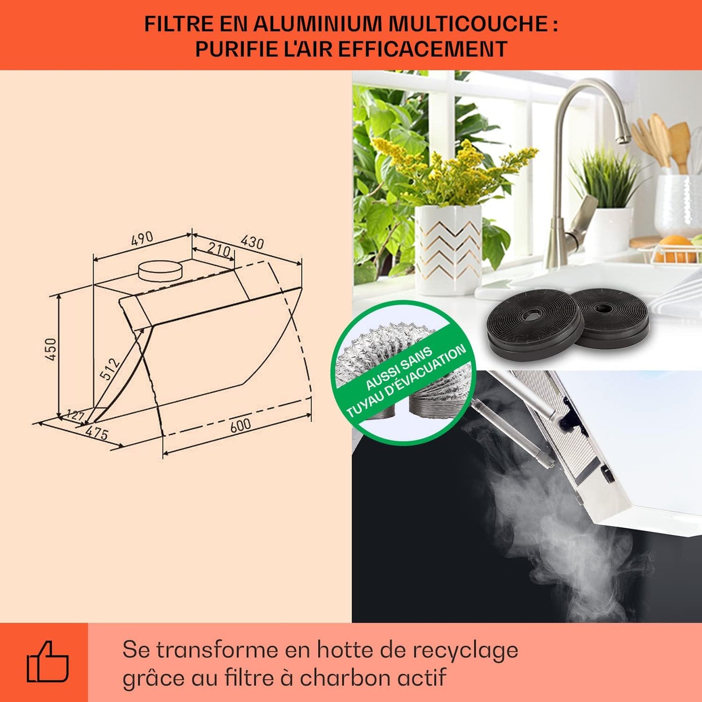 Clara Hotte Aspirante 60Cm, Hottes De Cuisine Inclinées, Filtre De Hotte En Aluminium, Débit D'Air Puissant 591 M³/H, Eclairage À LED, Efficacité Classe A, Efficace Avec Evacuation