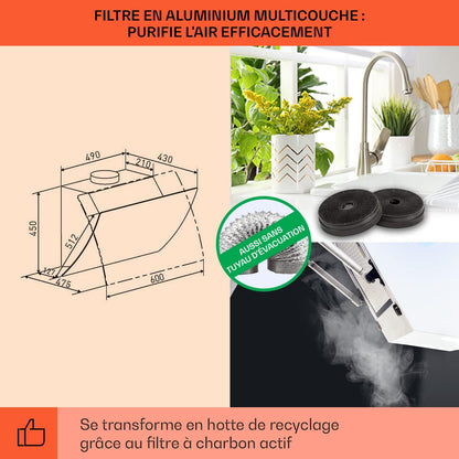 Clara Hotte Aspirante 60Cm, Hottes De Cuisine Inclinées, Filtre De Hotte En Aluminium, Débit D'Air Puissant 591 M³/H, Eclairage À LED, Efficacité Classe A, Efficace Avec Evacuation