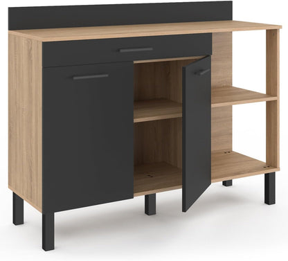 - Buffet Bas De Cuisine 120 CM CINA Plan De Travail H.83 Cm 2 Portes + Tiroir Façon Hêtre Et Noir