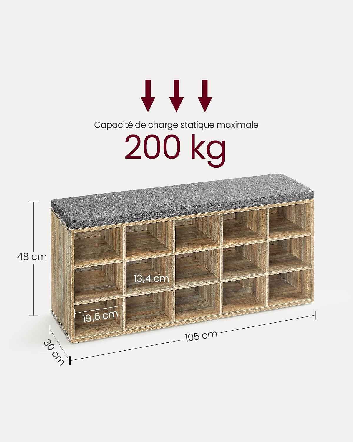 Banc À Chaussures, Organiseur De Chaussures Avec 15 Compartiments, Siège Rembourré, Pour Entrée, Couloir, Placard, Marron Turquoise Et Gris Tourterelle LHS015T60