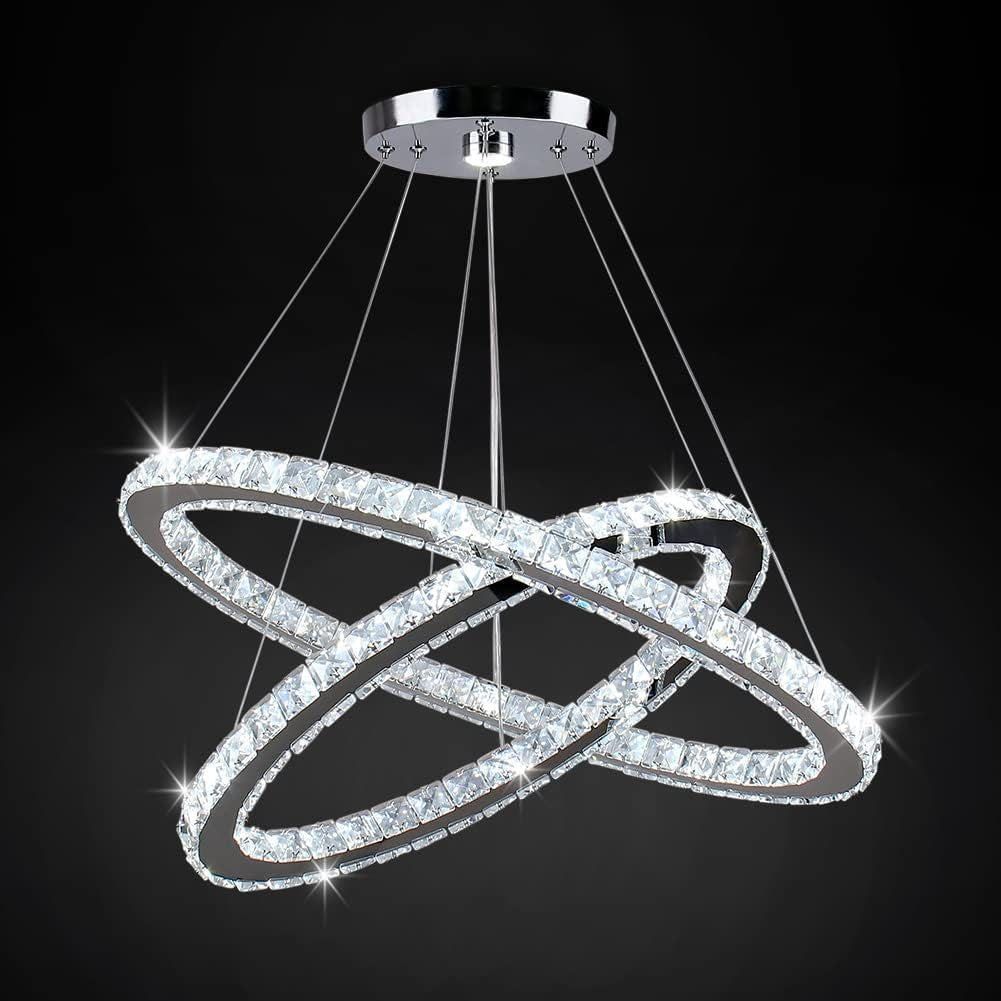 Lustre Moderne En Cristal, Lustre LED Avec Télécommande, Plafonnier Ovale, 2 Anneaux, 56CM 32CM, Suspension Pour Salon, Salle À Manger (Lumière Blanche 6500K)