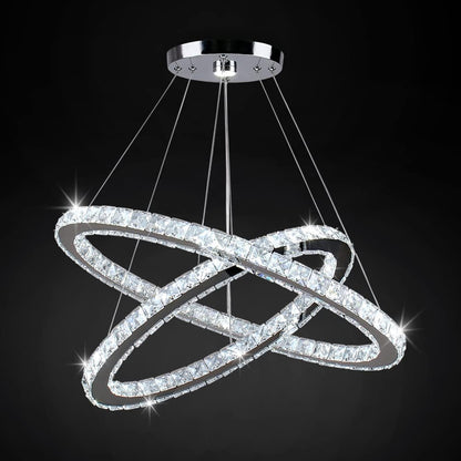 Lustre Moderne En Cristal, Lustre LED Avec Télécommande, Plafonnier Ovale, 2 Anneaux, 56CM 32CM, Suspension Pour Salon, Salle À Manger (Lumière Blanche 6500K)