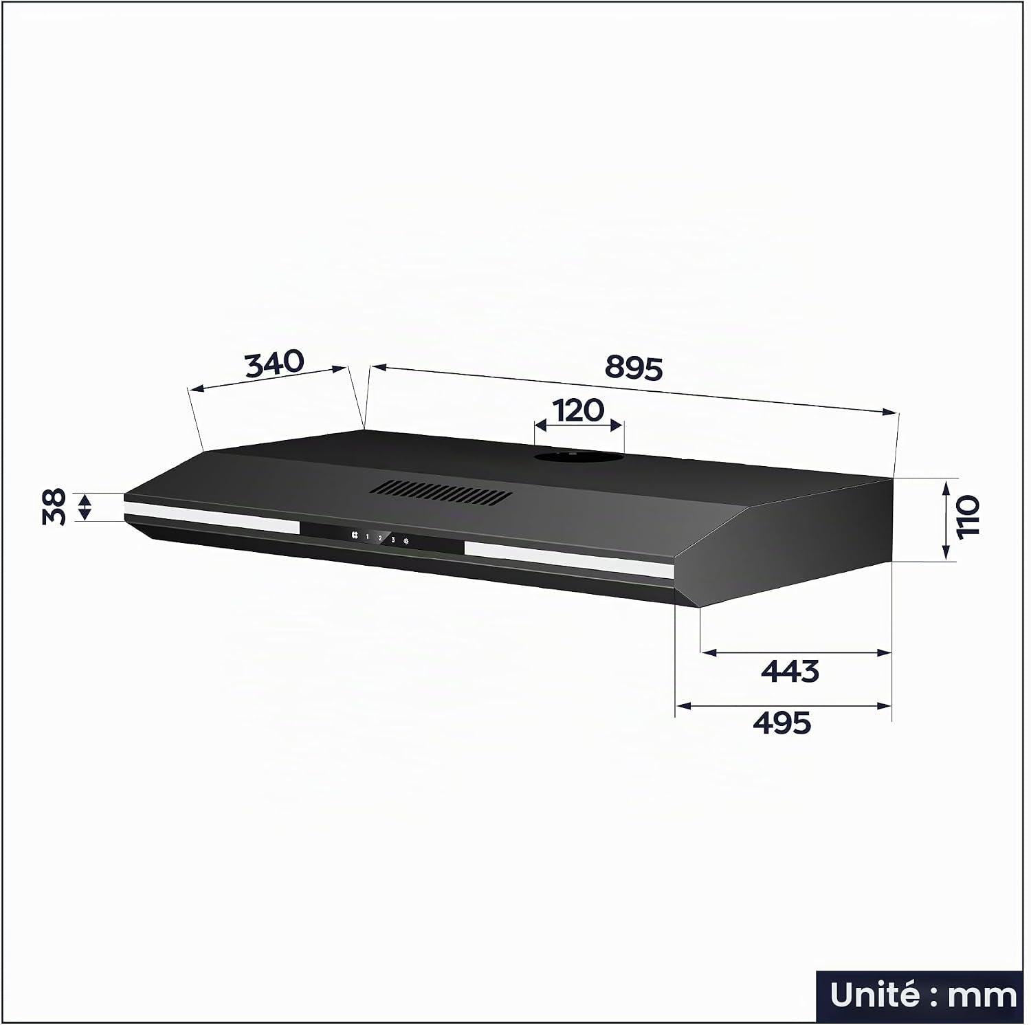 CBCB90921 Classe A+ Hotte Aspirante 90 Cm Sous Meuble - Noire | 320 M³/H -3 Vitesses,Commande Tactile, Évacuation&Recyclage, Filtre À Charbon CBCF011 Inclus, Lumière D’Ambiance Chaleureuse