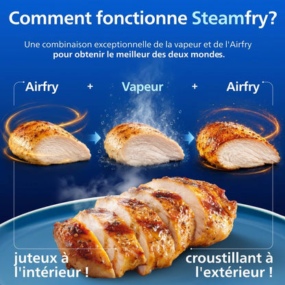 Airfryer 5000 - Air Fryer Panier Flexible 9.5L, Cuisson Vapeur | Megabasket 9.5L Ou 3+6L, Séparateur Amovible, 28 Modes,Technologie Rapidair & Steamfry, Auto Steamclean, Inox (NA565/00)