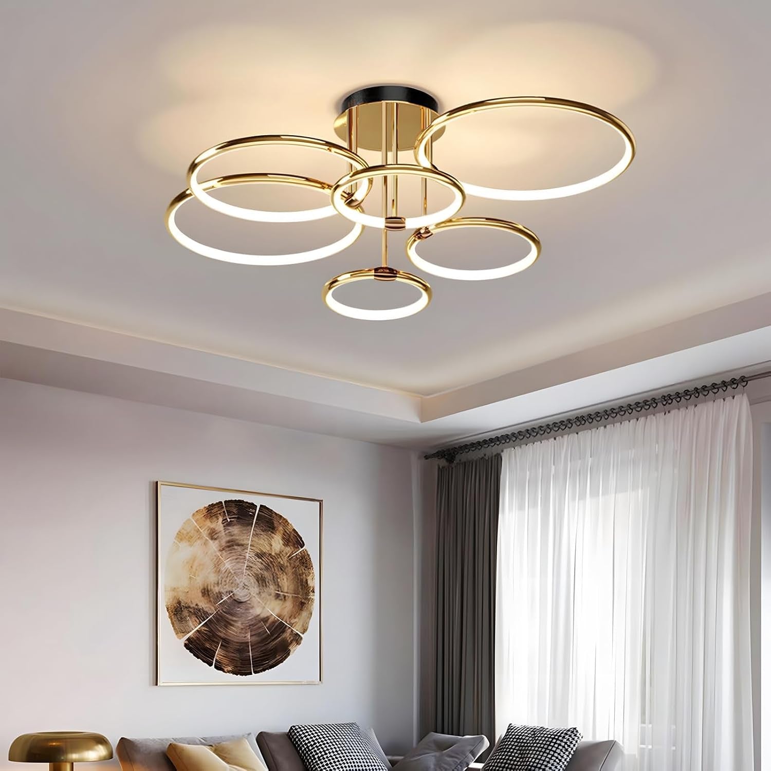 Plafonnier LED, Ø105Cm Lustre Cercle En Métal Doré, 145W Dimmable En Continu 3000-6000K, Pendentif Galvanoplastie Rond Moderne, Chambre Salon Enfants Bureau Étude Cuisine Couloir (6 Anneaux)