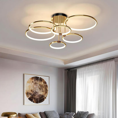 Plafonnier LED, Ø105Cm Lustre Cercle En Métal Doré, 145W Dimmable En Continu 3000-6000K, Pendentif Galvanoplastie Rond Moderne, Chambre Salon Enfants Bureau Étude Cuisine Couloir (6 Anneaux)