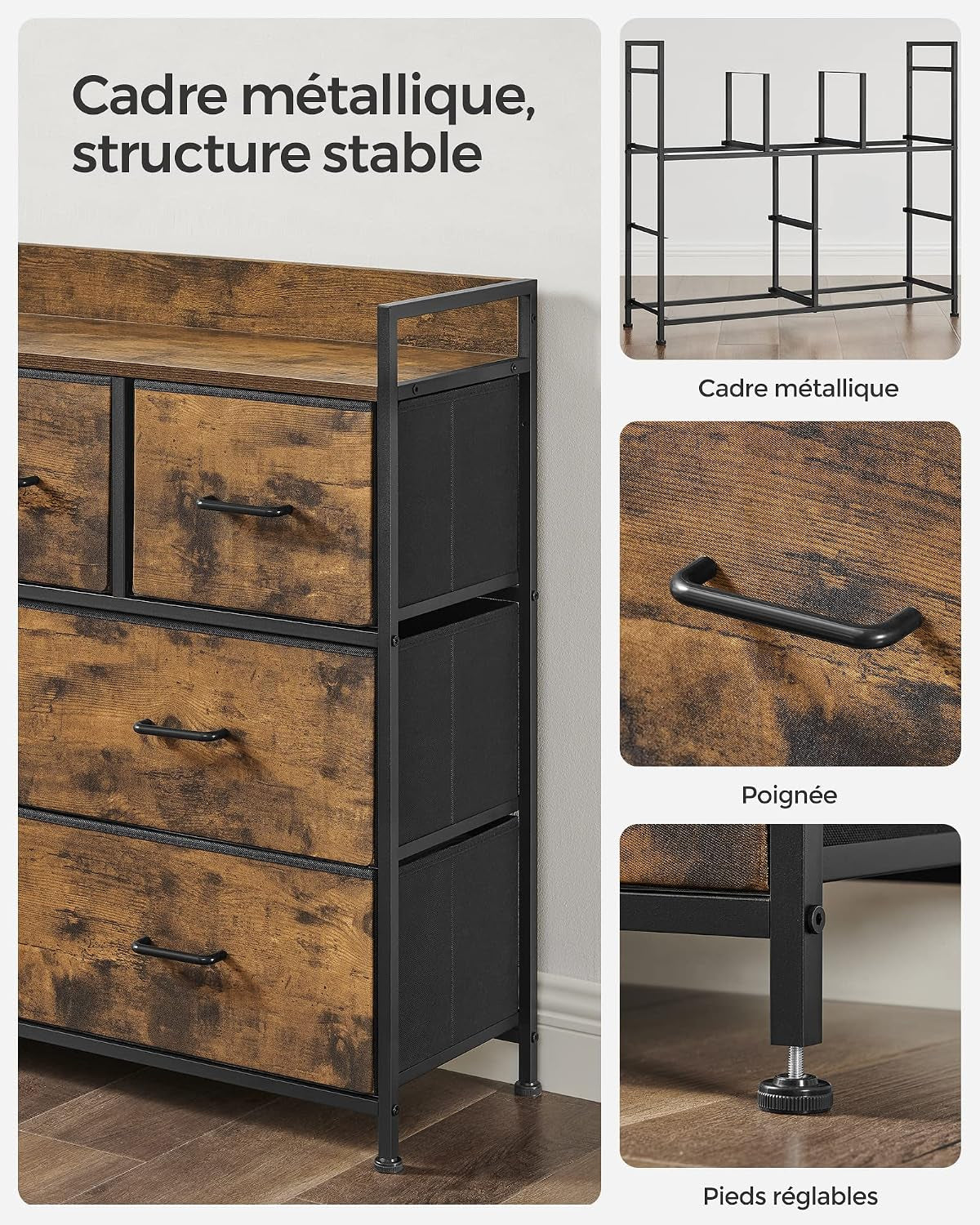 BELLAH Collection - Armoire, Meuble De Rangement, 5 Tiroirs En Tissu Avec Poignées, Cadre En Métal, Style Moderne, Marron Rustique Et Noir D'Encre LTS137BH01 | Design Basique Moderne, Encre Noire Et Marron Rustique, Collection BELLAH LTS137B01
