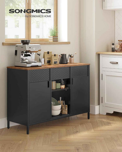 Meuble De Rangement, Buffet, Meuble En Métal, Placard À Double Portes, Fermeture Magnétique, Étagères Réglables, Cadre En Acier, Marron Rustique Et Noir Mat LSC204B01