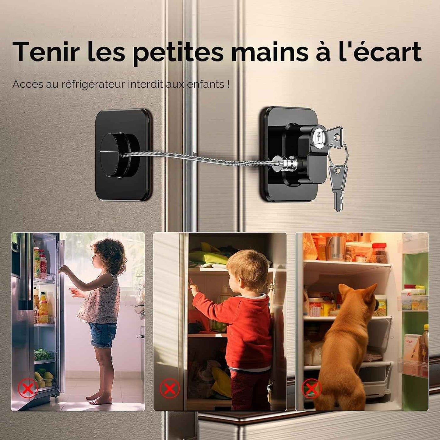 Lot De 2 Cadenas Frigo Pour Bloque Réfrigérateur, Armoires Et Tiroirs, Four, Fenêtres, Verrou Frigo Enfants Sans Percage Ni Outils, Serrure Sécurité Pour Bébés, Enfants Et Adultes (Noir) (EU Brevet)