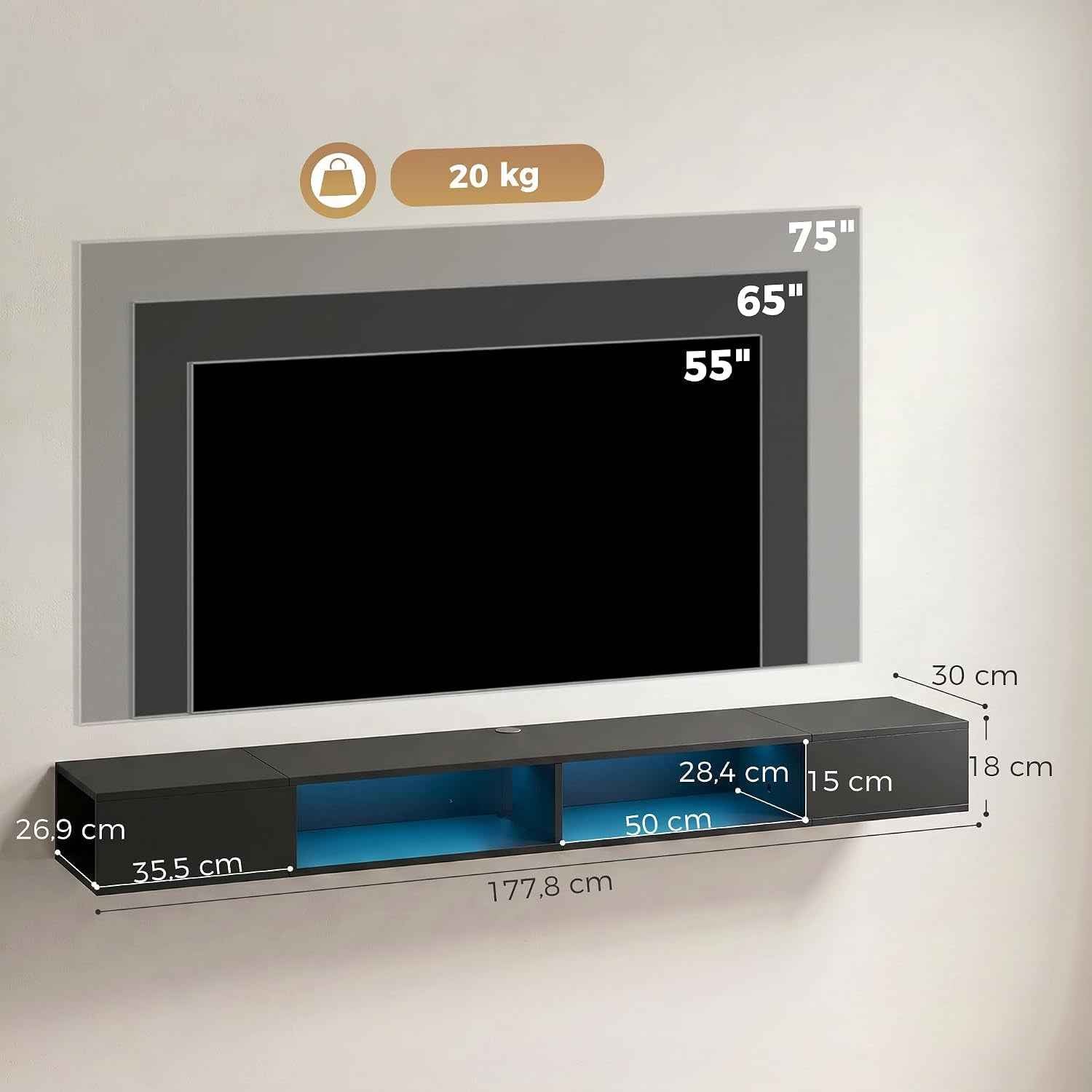 Meuble TV Suspendu 180 Cm Avec LED RGB Pour TV 75 Pouces Noir | Meuble Télé, Étagères Ouvertes, Banc TV Mural Pour Salon