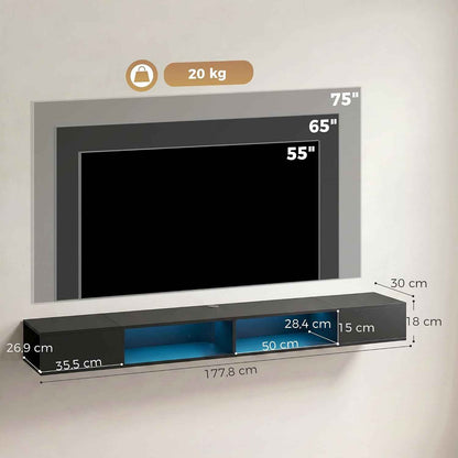Meuble TV Suspendu 180 Cm Avec LED RGB Pour TV 75 Pouces Noir | Meuble Télé, Étagères Ouvertes, Banc TV Mural Pour Salon