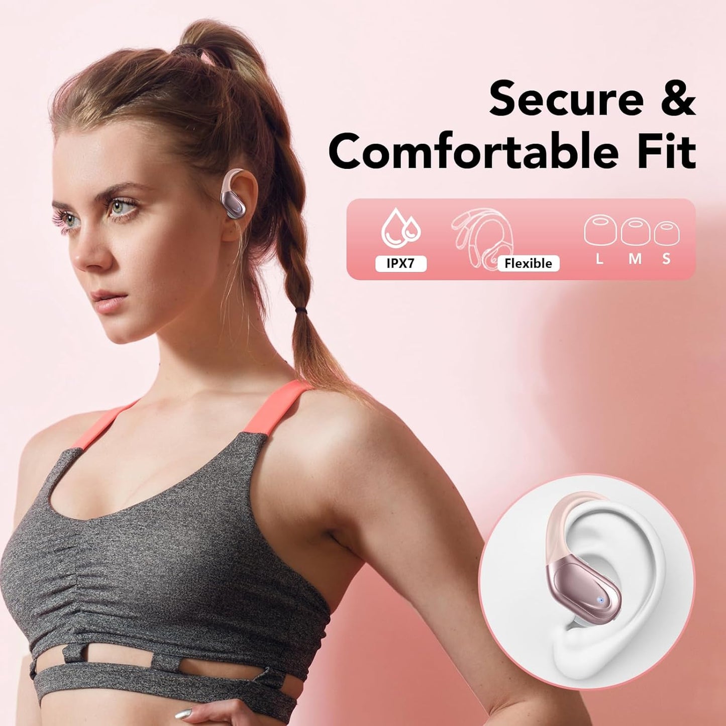 Ecouteurs Bluetooth Sans Fil, Casque Bluetooth 5.3, 60 Heures Avec Affichage LED, Appel ENC HD, Basses Profondes, Ajustement Confortable, IPX7 Étanche Casque Sport(Or Rose).