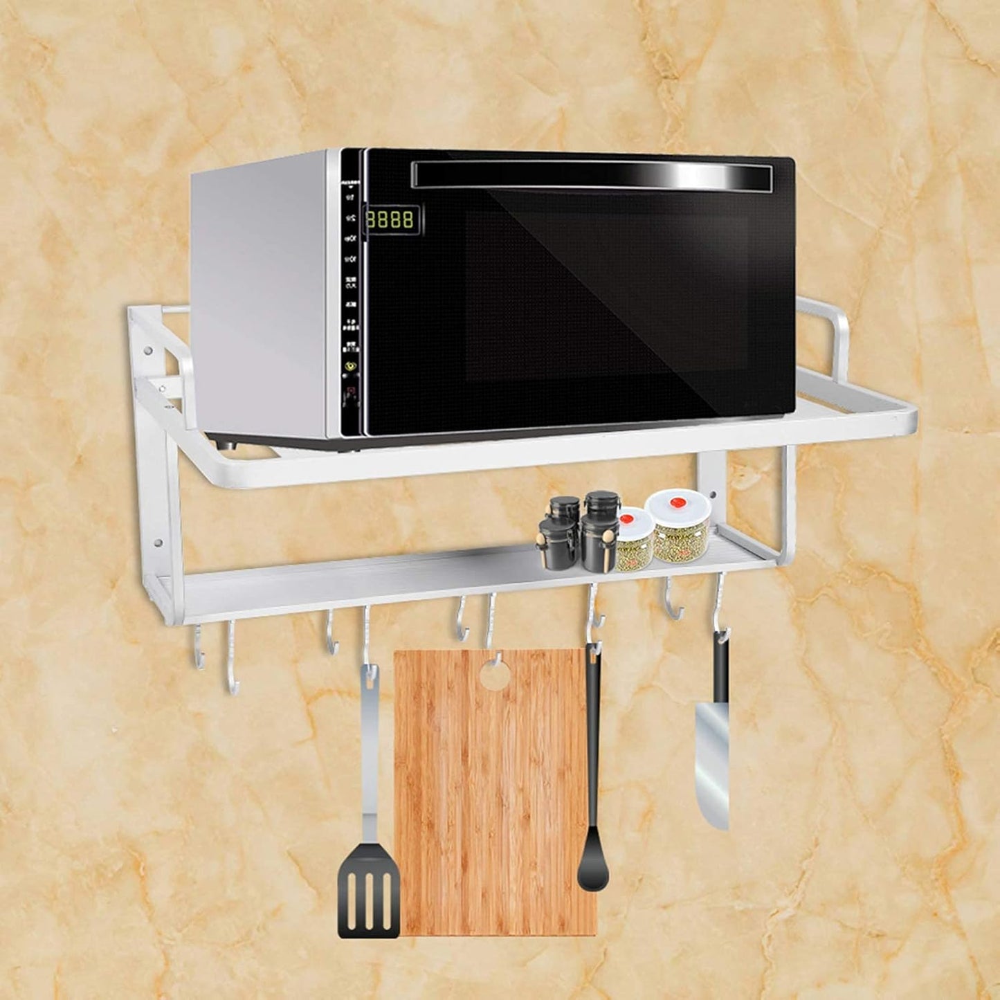 Etagere Micro Ondes Murale, Support De Four À Micro-Ondes, Étagère À Micro-Ondes, Support De Four À Double Couche En Aluminium, Avec Crochet Multifonction Pour Cuisine, 54,9 X 38,4 X 25 Cm