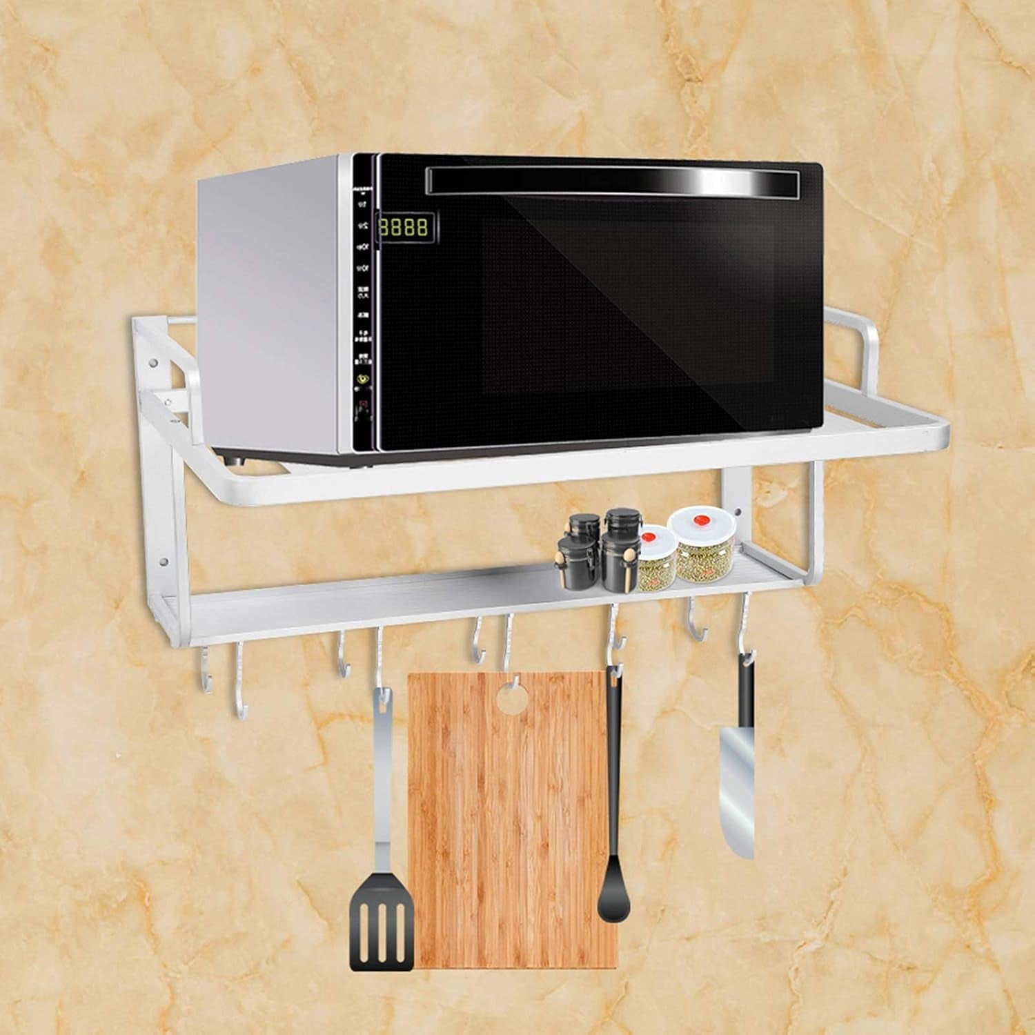 Etagere Micro Ondes Murale, Support De Four À Micro-Ondes, Étagère À Micro-Ondes, Support De Four À Double Couche En Aluminium, Avec Crochet Multifonction Pour Cuisine, 54,9 X 38,4 X 25 Cm