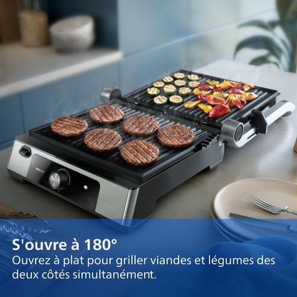 Grill Électrique 5000, Température Réglable, 2200W, Métal | Grill De Table, Ouverture 180°, Grande Surface De Cuisson, Plaques Antiadhésives Amovibles, Facile À Nettoyer (HD6301/90)