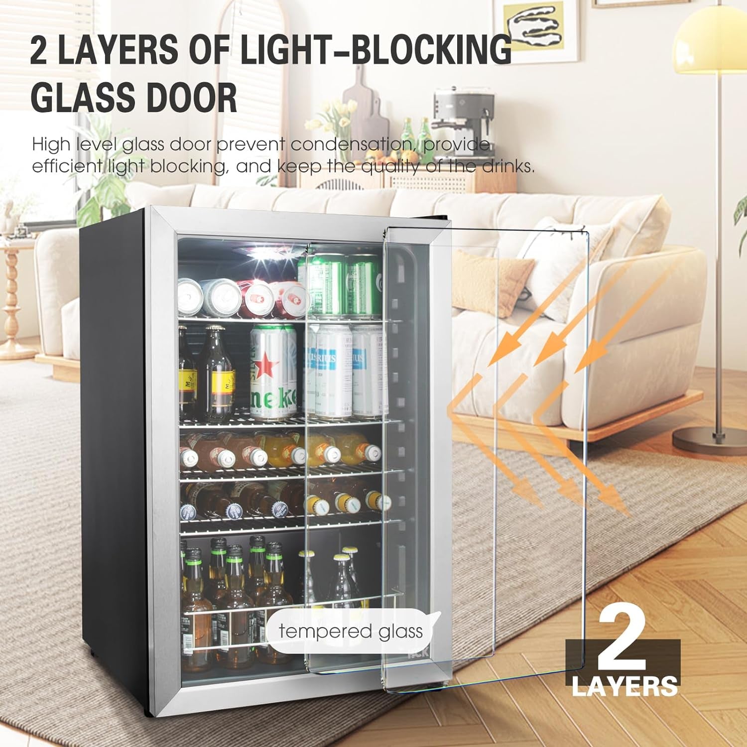 115L Réfrigérateur À Boissons En Pose Libre Avec Porte En Verre Double Vitrage, Température Réglable De 0 À 10 ℃, 4 Étagères Amovibles Pour Bières Et Boissons