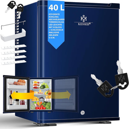 KESSER® Mini Réfrigérateur Avec Serrure, Mini Bar De 40 L, Silencieux, 22 DB, Verrouillable, Chambre À Coucher, Butée De Porte Amovible, Env. 4 À 16 °C, Hauteur 57 Cm, Éclairage Intérieur