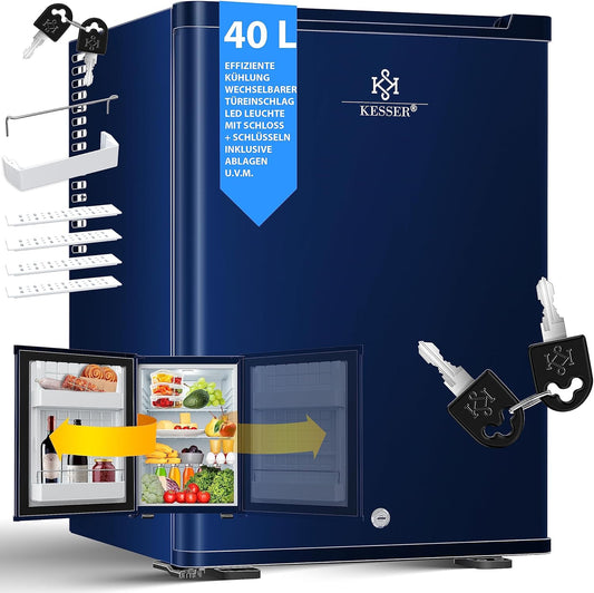 KESSER® Mini Réfrigérateur Avec Serrure, Mini Bar De 40 L, Silencieux, 22 DB, Verrouillable, Chambre À Coucher, Butée De Porte Amovible, Env. 4 À 16 °C, Hauteur 57 Cm, Éclairage Intérieur