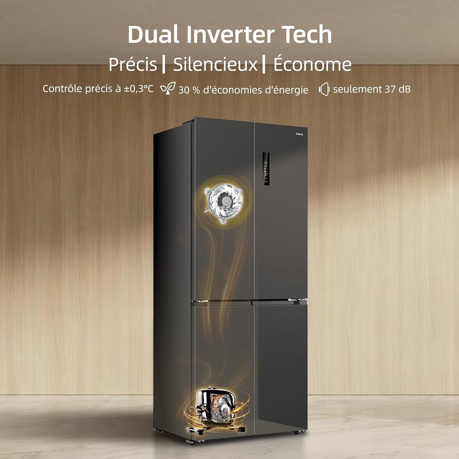 458L Frigo Américain 4 Portes Total No Frost Noir (CCD460NGE) | Silencieux 37Db, Froid Ventilé, Système Multiairflow, Congélateur -32°C, Zone Care + Space,Profondeur 600Mm