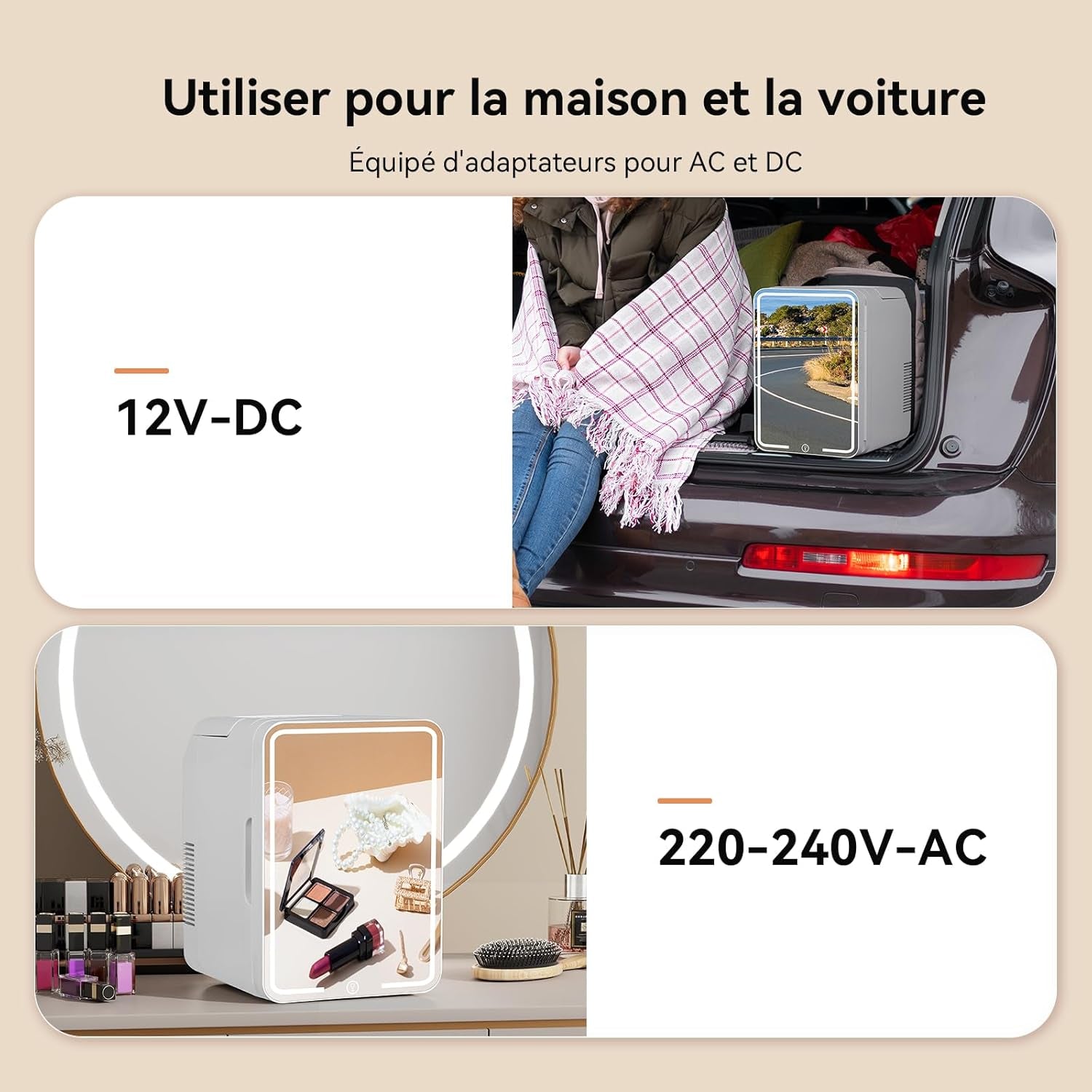 Mini Frigo 10L Avec Miroir LED, Mini Réfrigérateurs Portable, Petit Frigo Cosmetique 12V/220V, Frigo De Chambre Avec Fonction Chaud/Froid, Miroir De Maquillage Led Pour Voitures,Blanc