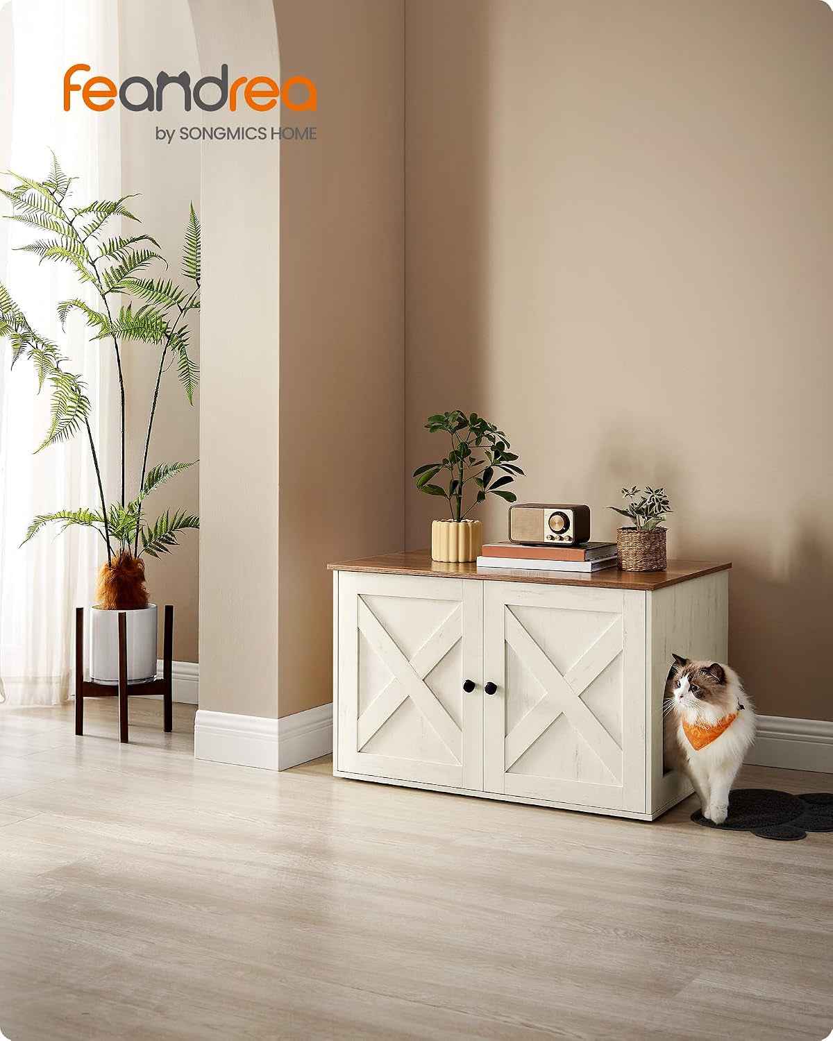 Maison De Toilettes Pour Chat, Niche, Meuble Litière Chat, Avec Séparateur Amovible, Cache-Litière, Table Basse, 80 X 53 X 50 Cm, Marron Miel Et Blanc Rustique PCL002P01V1