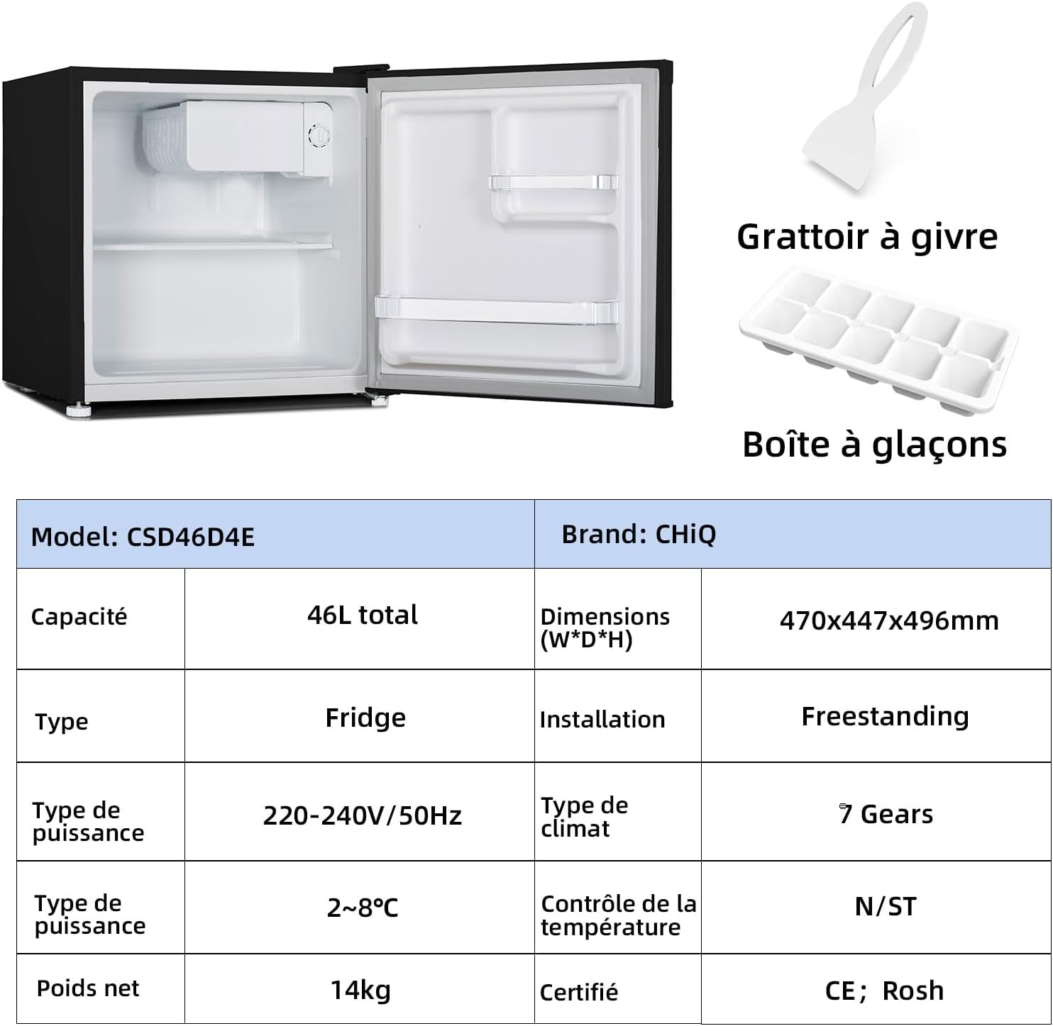Mini Réfrigérateur 46L, 47X44,7 Cm, Réfrigérateur De Table Avec Porte-Bouteilles, Thermostat Réglable, Faible Bruit, Pour Chambre, Cuisine, Salon Foncé 2023