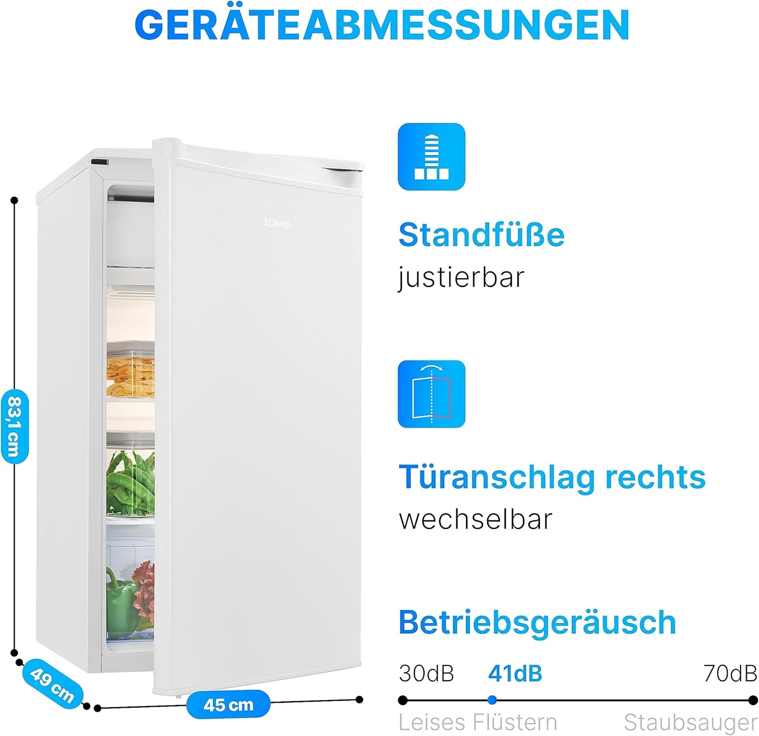 Bomann KS 7349 Kühlschrank, 91L, 2 Glasablagen, LED Innenraumbeleuchtung, Gemüseschale, Weiß
