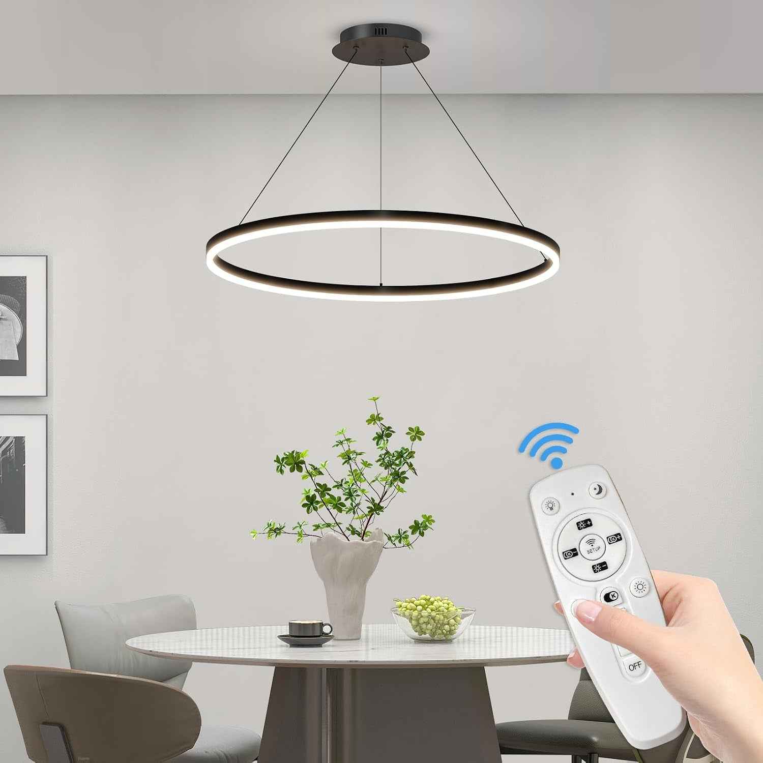 60Cm Luminaires Suspendus Pour Table À Manger Ronde, Lustre À Gradation De 10% À 100% Lampe Pendante De Cuisine LED 3000K/4500K/6500K Luminaire Suspendu Réglable En Hauteur Pour L'Île