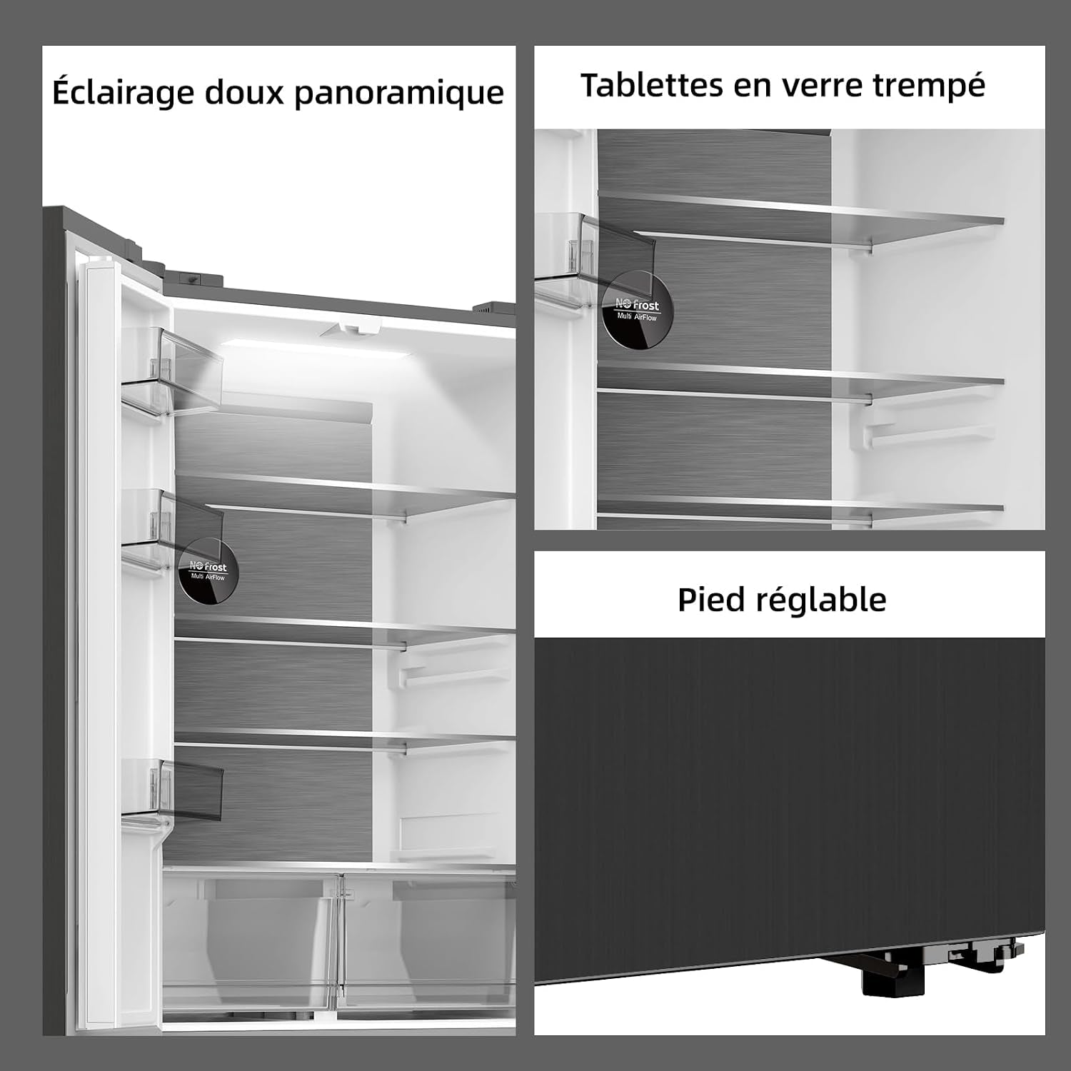 458L Frigo Américain 4 Portes Total No Frost Noir (CCD460NGE) | Silencieux 37Db, Froid Ventilé, Système Multiairflow, Congélateur -32°C, Zone Care + Space,Profondeur 600Mm