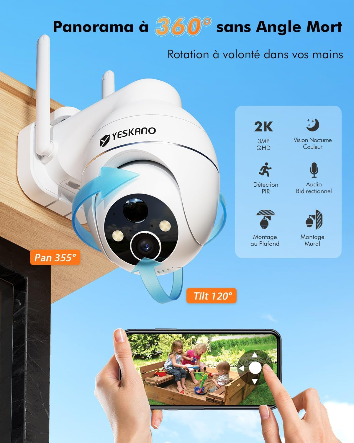 2K Camera Surveillance Wifi Exterieure Sans Fil Solaire, 360° PTZ | Caméra Extérieure Solaire, Avec Panneau Déporté 2M, Vision Nocturne Couleur, Détection PIR, Audio 2 Voies, 2,4 Ghz IP66