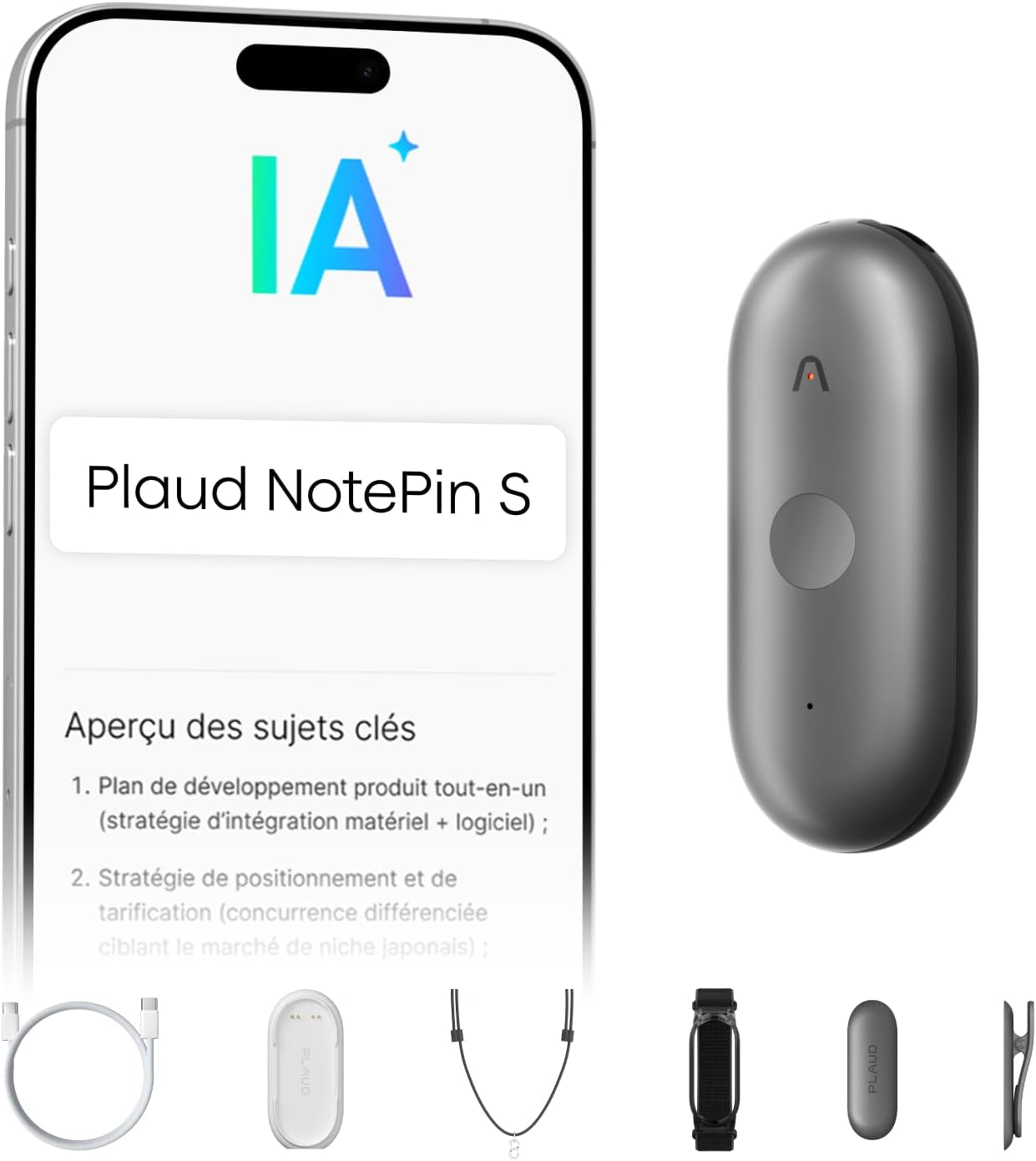 Notepin S Enregistreur Vocal IA Avec Bouton Tactile Prise De Notes IA Transcription Résumé IA Et Team Plan Dictaphone Enregistreur Numérique Pour Réunions Interviews Avec 4 Accessoires Gris