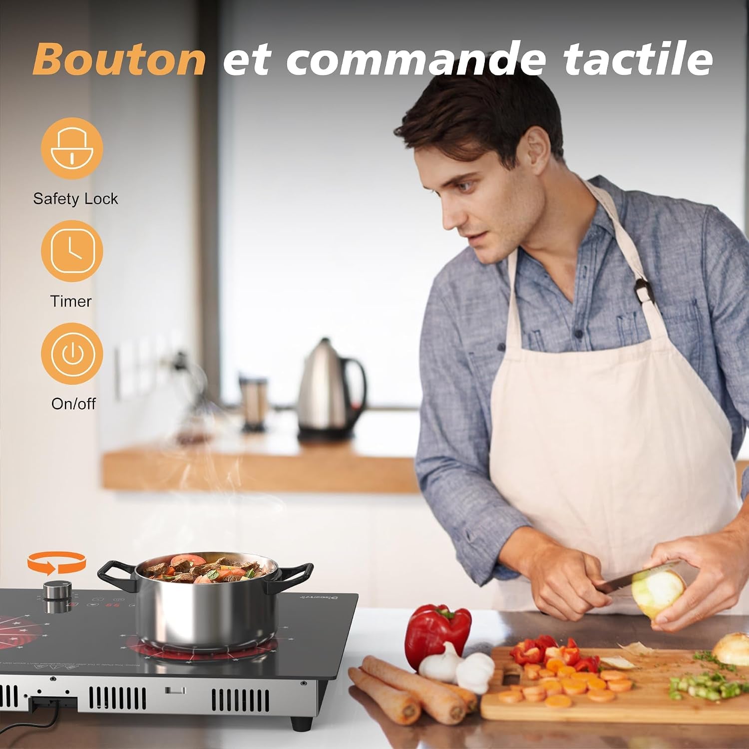 Plaque Vitrocéramique Portable 2 Feux Avec Prise | Plaque De Cuisson Electrique Deux Feux, Minuterie De 4 Heures, Commande Par Bouton, Sécurité Enfant, 3200W, 220V