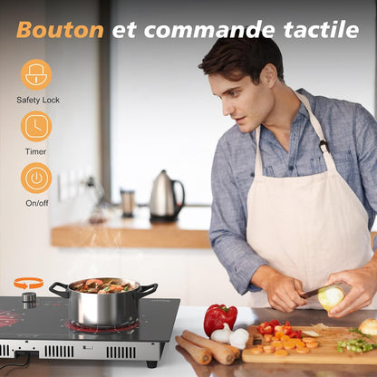 Plaque Vitrocéramique Portable 2 Feux Avec Prise | Plaque De Cuisson Electrique Deux Feux, Minuterie De 4 Heures, Commande Par Bouton, Sécurité Enfant, 3200W, 220V