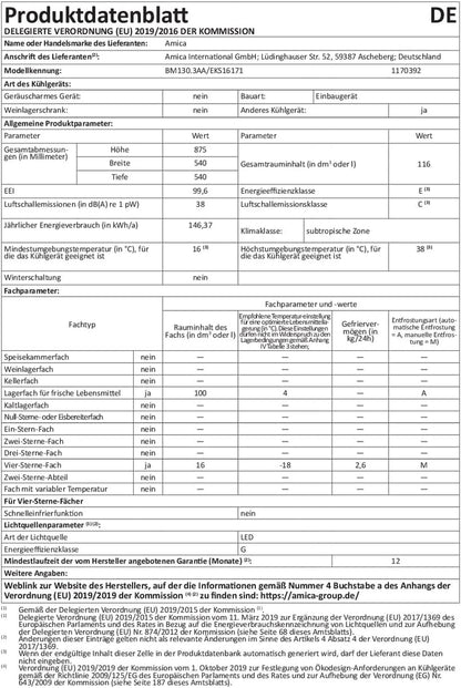 Amica EKS 16171 Frigo Combine Intégré (Placement) 116 L E Blanc