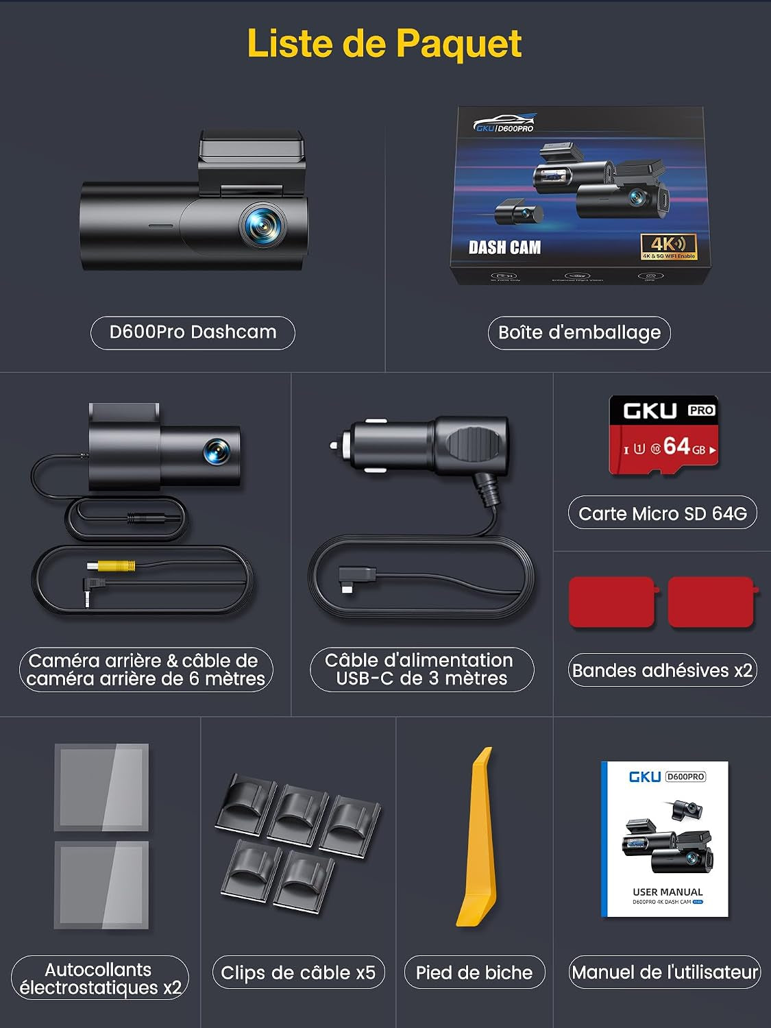 4K Dashcam Voiture Avant Arrière,5G Wifi GPS,2160P+1080P Camera Voiture | 1.5'' IPS Caméra Embarquée Voiture Avec Carte SD 64G,Grand Angle 170°,Vision Nocturne,Wdr,G-Capteur,Mode Stationnement 24H
