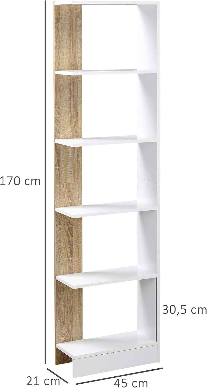 Bibliothèque Étagère De Rangement 45 X 21 X 170 Cm Blanc Et Chêne | 5 Compartiments Ouverts, Design Simple Moderne, Idéale Pour Salon Chambre Bureau