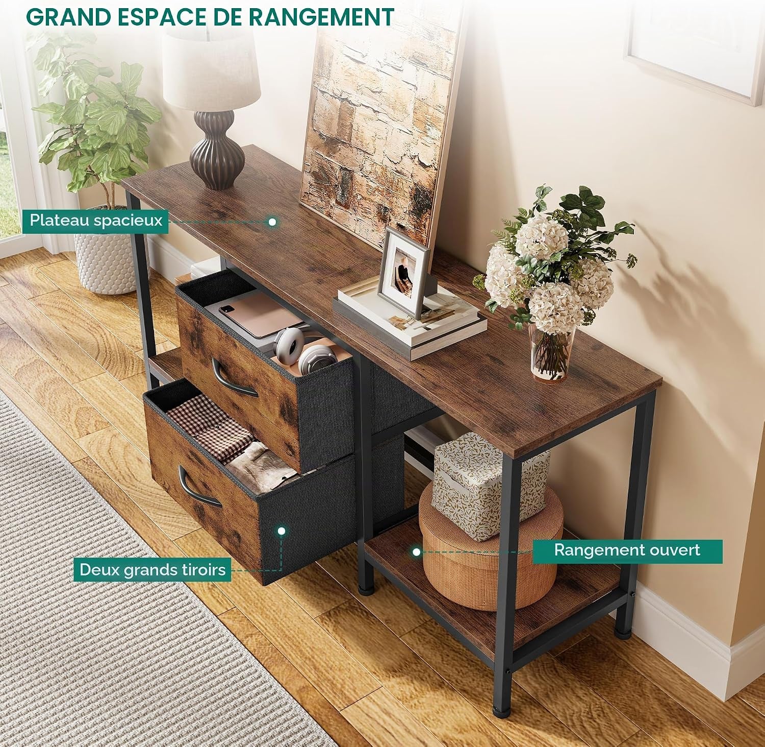 Meuble TV Jusqu'À 47", Meuble TV Avec 2 Tiroirs En Tissu Et 2 Étagères Ouvertes, Commode 110 X 30 X 50 Cm Pour Salon, Salle De Divertissement, Chambre À Coucher, Cadre En Acier