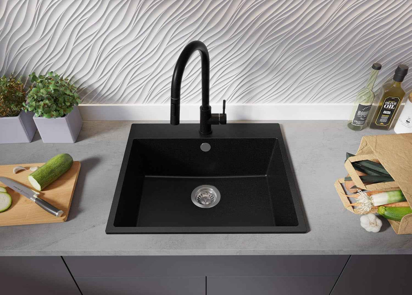 Evier Cuisine En Granit Noir - Riga, 58X50Cm | Lavabo 1 Bac + Kit De Vidage, Évier À Encastrer Au Meuble 60Cm (S305)