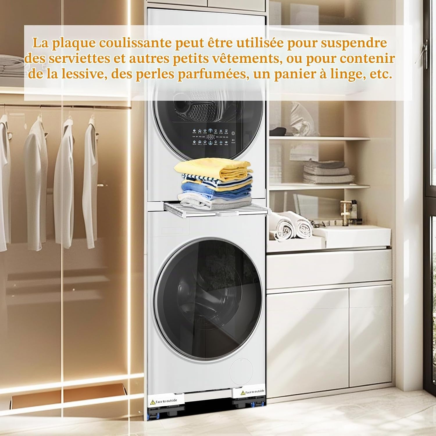 Kit Universel D'Empilage Et Socle Mobile Pour Sèche-Linge Et Lave-Linge, Taille Réglable Avec Corde À Cliquet Et Supports De Séchage Extensibles Pour Lave-Linge Et Sèche-Linge Gain De Place | (Kit D'Empilage-Style Tiroir & Base Mobile)