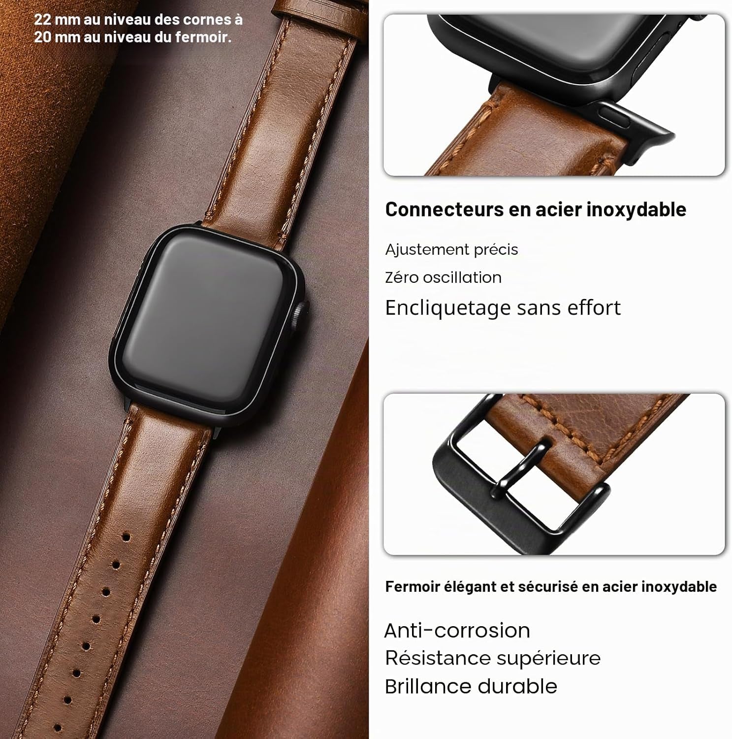 Bracelet En Cuir Véritable Pour Apple Watch 49/46/44/45Mm | Compatible Avec Iwatch Ultra3/2/1 SE3/2/1 Série 11/10/9/8/7/6/5/4 Pour Homme Femme, Marron+Boucle Noir