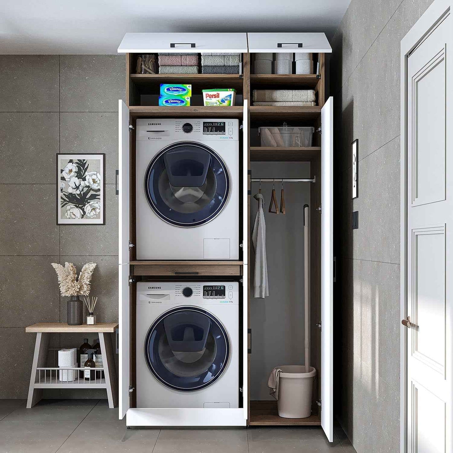 Dora - Armoire De Machine À Laver - Pour Sèche-Linge Et Machine À Laver - En 4 Couleurs - Avec Portes Et Panneau Coulissant - Blanc - Chêne