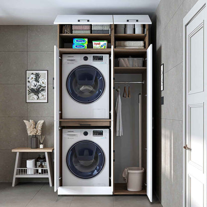 Dora - Armoire De Machine À Laver - Pour Sèche-Linge Et Machine À Laver - En 4 Couleurs - Avec Portes Et Panneau Coulissant - Blanc - Chêne