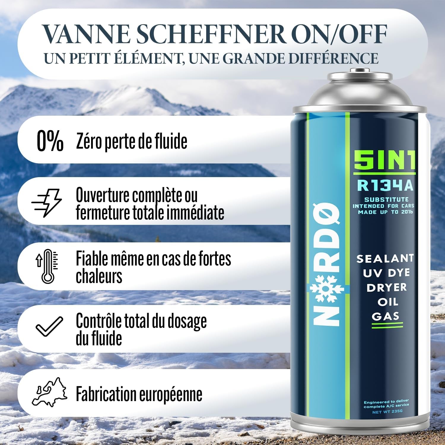 Nordo 5-En-1 – 5X Réfrigérant R134A 235 G Chaque Boîte Pour Climatisation Auto Avec Huile, Stop-Fuite, Traceur UV Et Déshydratant – Protège Le Compresseur