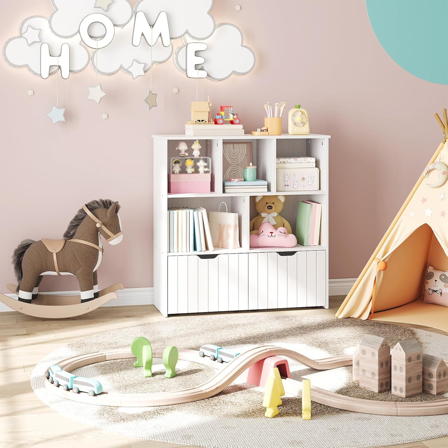 Étagère À Jouets, Bibliothèque Avec 2 Tiroirs Mobiles Indépendants Et 5 Compartiments De Stockage, Meuble De Rangement Multifonctionnel, Pour Salon, Chambre, Salle De Jeux, Blanc EWT88CW01