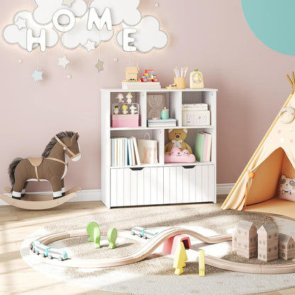 Étagère À Jouets, Bibliothèque Avec 2 Tiroirs Mobiles Indépendants Et 5 Compartiments De Stockage, Meuble De Rangement Multifonctionnel, Pour Salon, Chambre, Salle De Jeux, Blanc EWT88CW01
