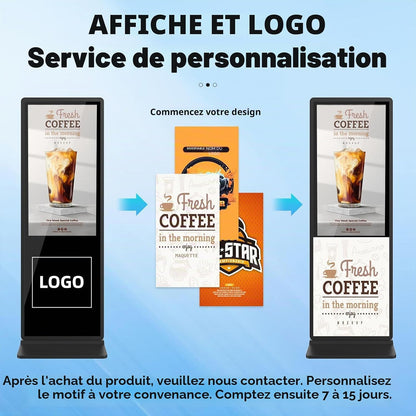 65" Écran Publicitaire 4K, Totem Affichage Autoportant IPS, Luminosité 450 Nits, Système Android, Ecran Publicitaire Interactive Pour Commerces Et Restaurants, Hdmi/Usb/Wifi, Tactile