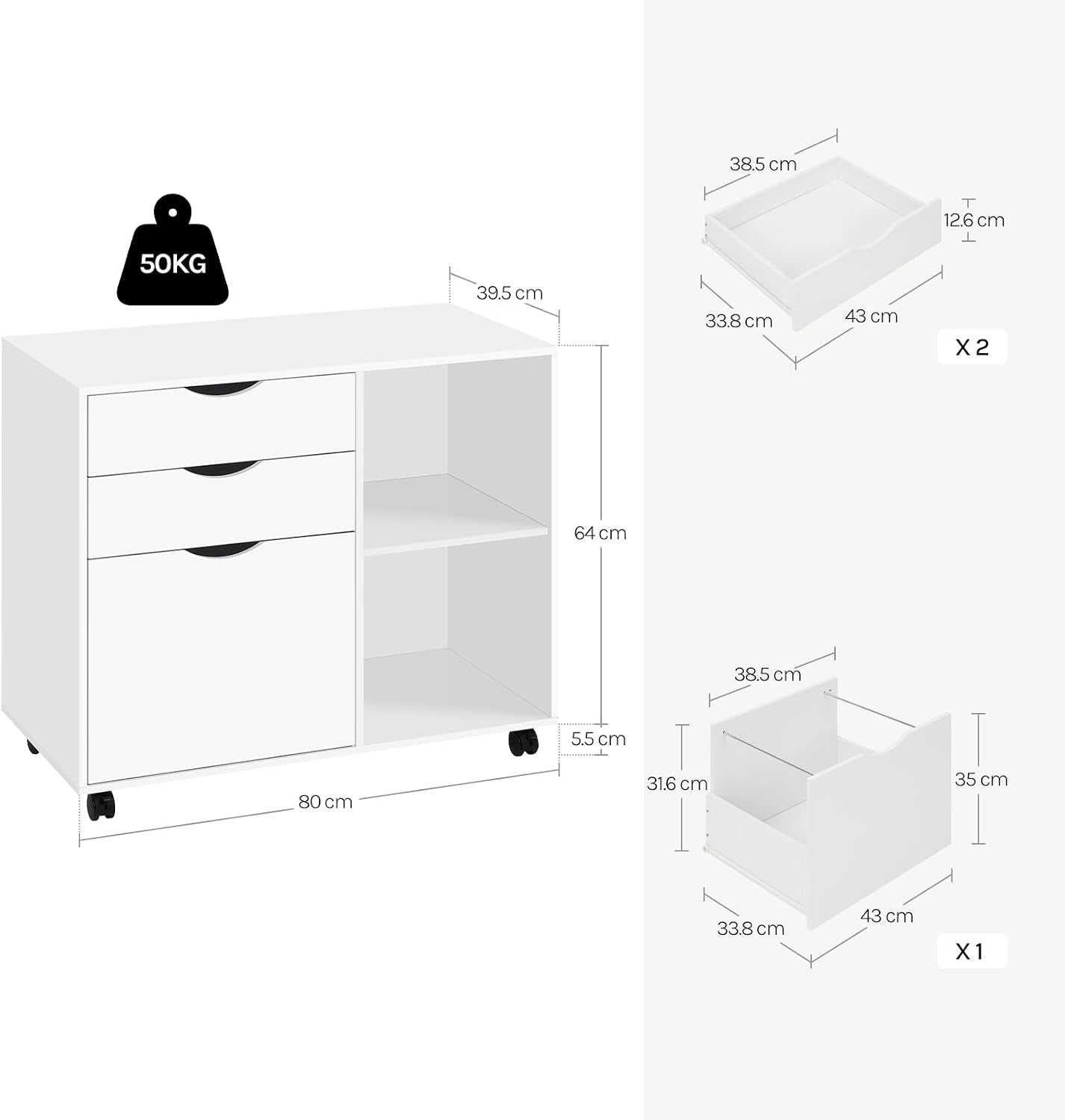 Caisson De Bureau Sur Roulettes, 80X39,5X69,5 Cm,Blanc | Avec 3 Tiroirs Et 2 Compartiments Ouverts, Armoire À Dossiers, Meuble De Rangement, Pour Bureau, Chambre