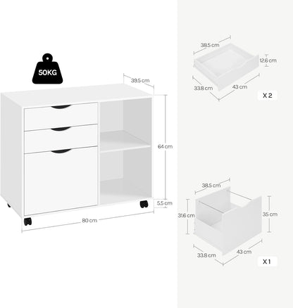 Caisson De Bureau Sur Roulettes, 80X39,5X69,5 Cm,Blanc | Avec 3 Tiroirs Et 2 Compartiments Ouverts, Armoire À Dossiers, Meuble De Rangement, Pour Bureau, Chambre